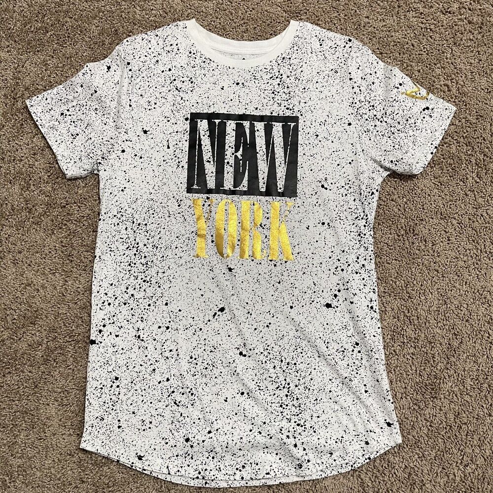 NYC Upstanders Shirt Men Medium White Gold Dalmatian Splatter Graphic Streetwear